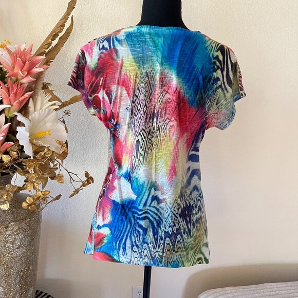 Y2k Floral Vibrant Artsy Asymmetrical Hem Colorful Flowy Tunic Top w Rhinestones - Picture 3 of 9